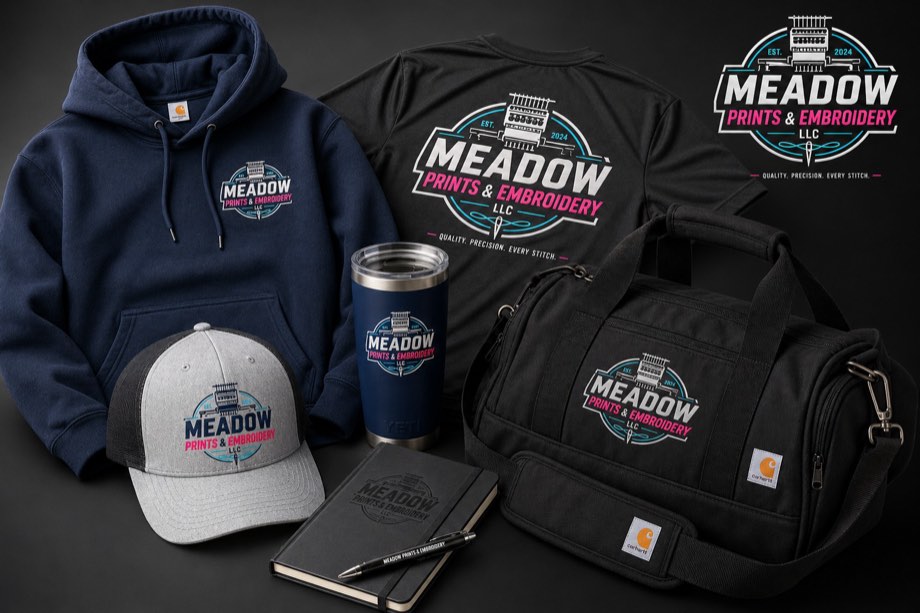 Custom branded apparel and gear by Meadow Prints and Embroidery in Monmouth County, NJ - hoodie, tee, cap, tumbler, notebook and duffel